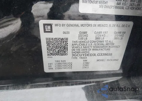 2020 Chevrolet Silverado 1500 4Wd Short Bed Lt из США, поврежденный, VIN 3GCUYDED3LG339655